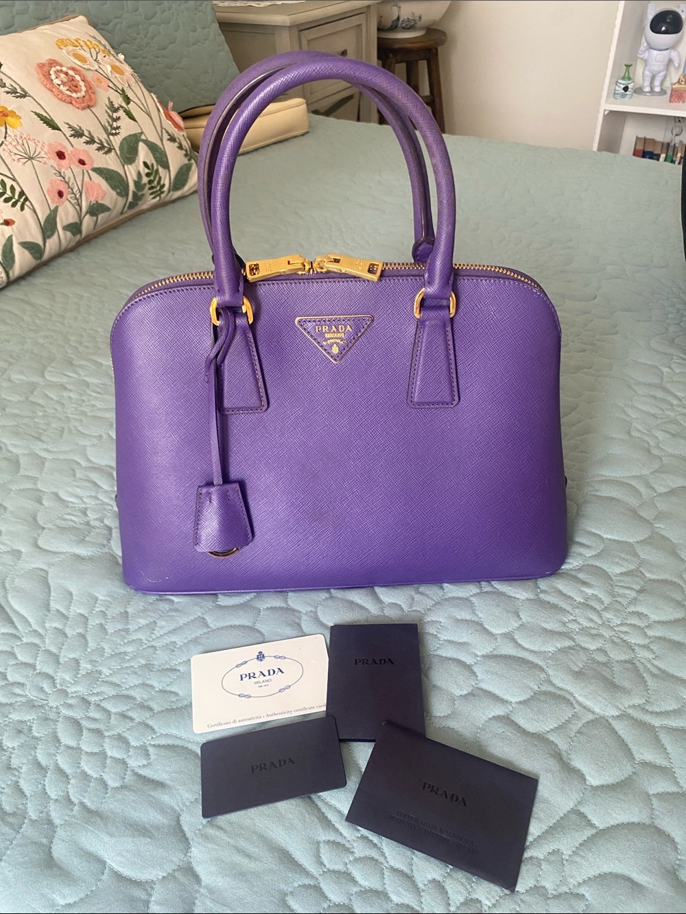 Prada Violet Saffiano Dome Satchel with Gold Hardware